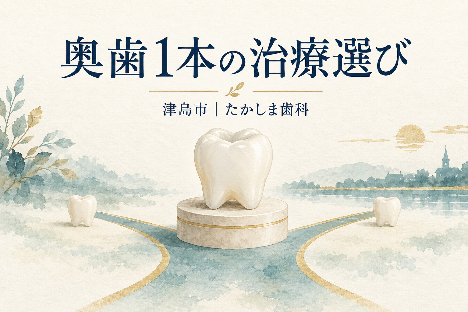 奥歯1本の治療選びを表す歯の模型と分かれ道のイラスト
