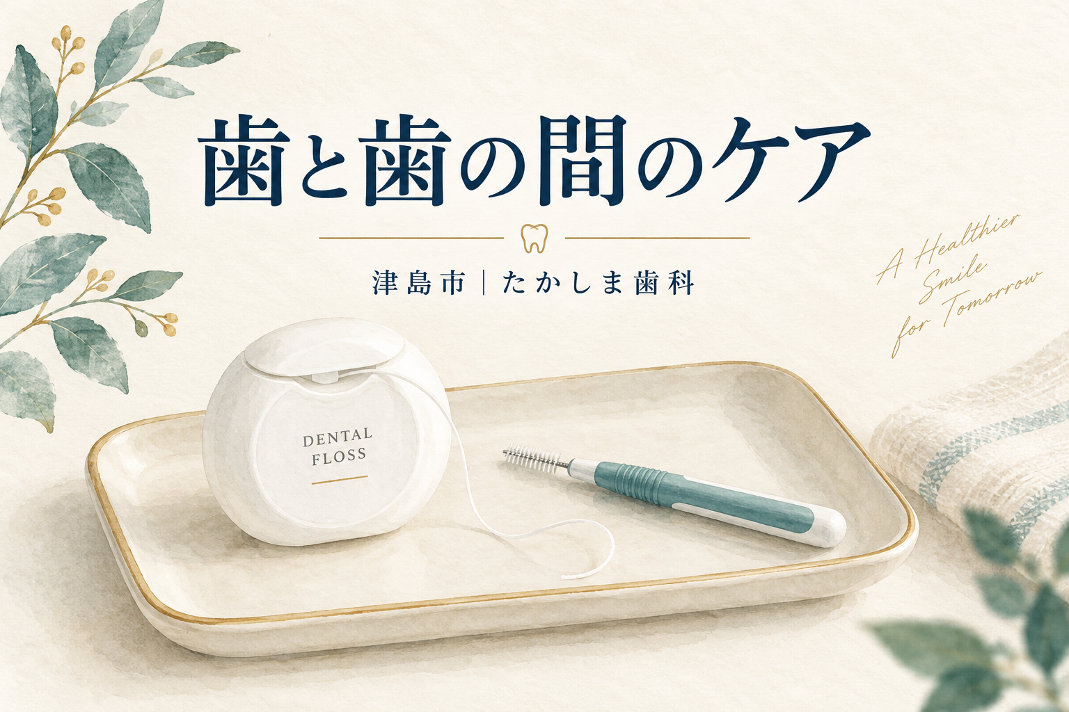 フロスと歯間ブラシを使った歯間清掃のイラスト
