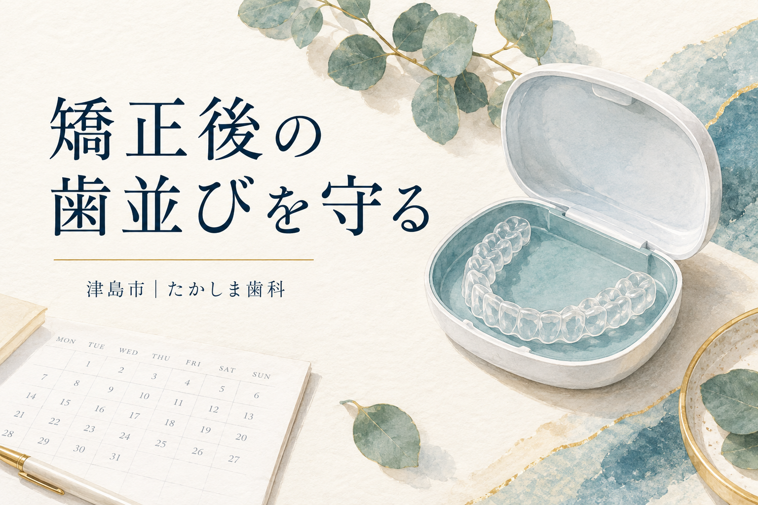 矯正後の保定装置とカレンダーのイラスト