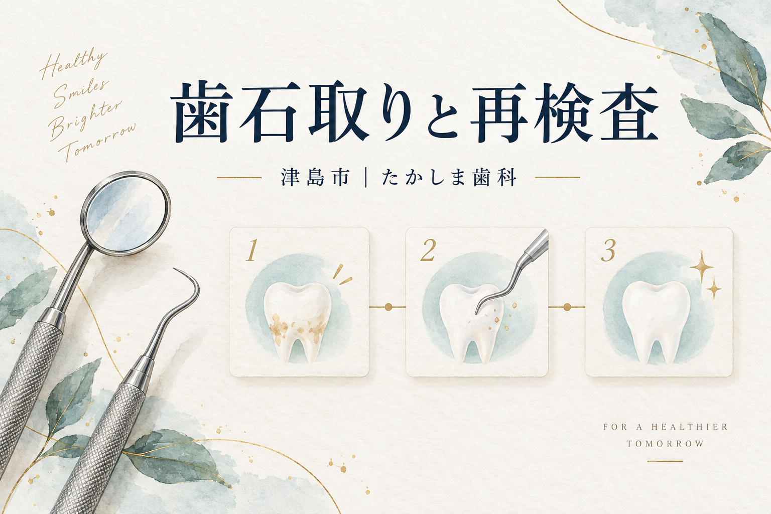 歯石取りと再検査の流れを表す歯のイラスト