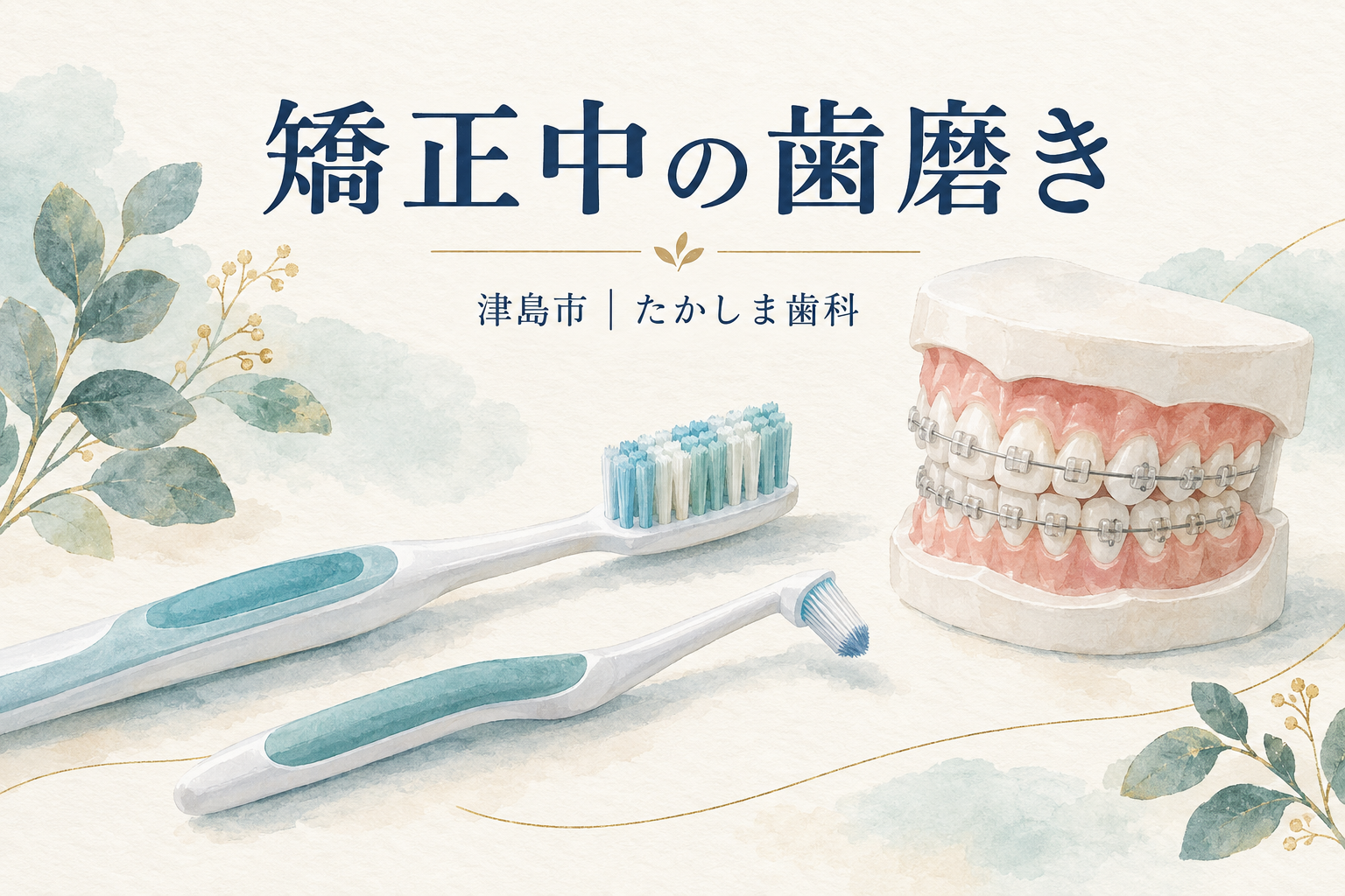 矯正装置の模型と歯磨き用具のイラスト