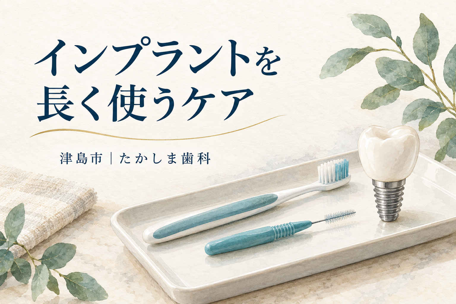 インプラントと天然歯のケアを表す歯ブラシと歯の模型のイラスト