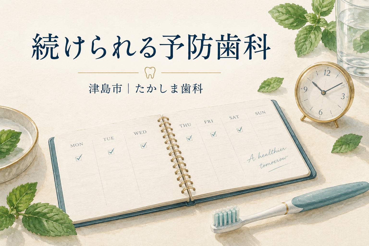 予防歯科の習慣を表す手帳と時計と歯ブラシのイラスト